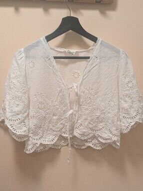 Anthropologie White Embroidered Tie-Front Eyelet Top